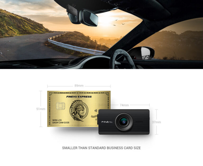 FineVu_GX35- Car dashboard with a scenic view and a Finevu dash cam displayed below comparison to a credit card 