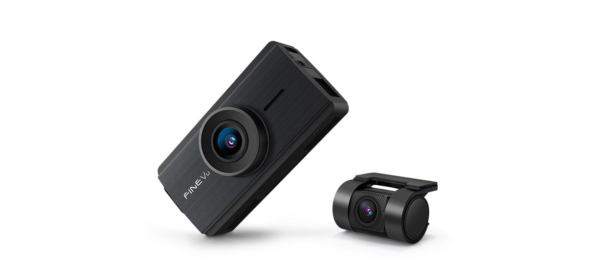 FineVu_GX35 2CH Dash Cam Two black car dash cameras on a white background