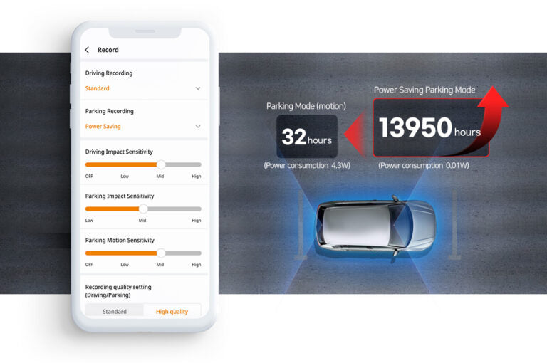 FineVu_GX35_power saving mode Smartphone displaying a car monitoring app with a car icon and power consumption details on a dark background.