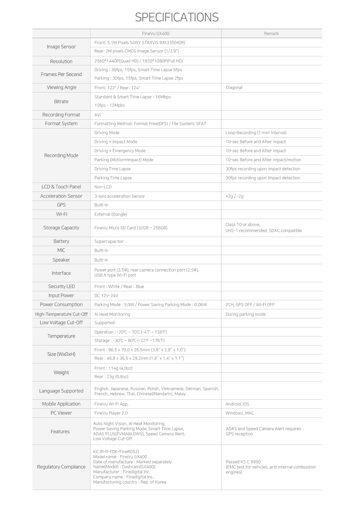 Specifications table for a device with various technical details on a FineVu GX400 dash camera