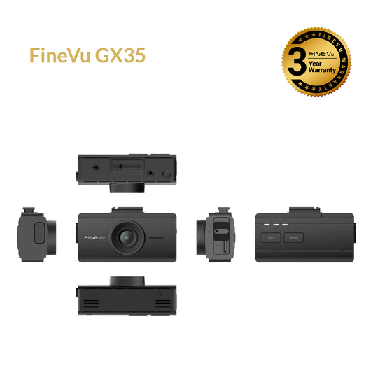 FineVu GX35 car camera with multiple views on a white background
