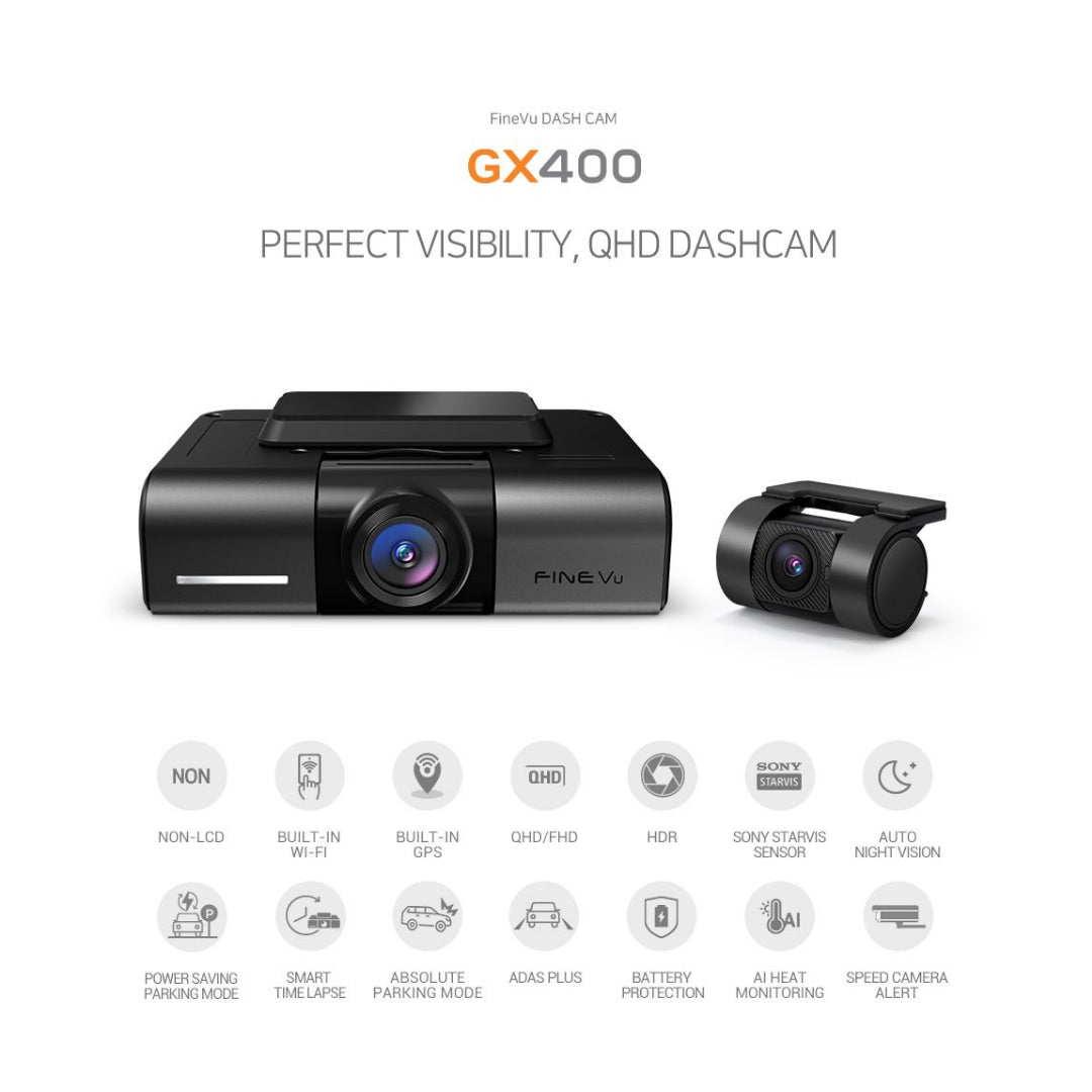 Finevu GX400 dash cam with additional camera on a white background and features