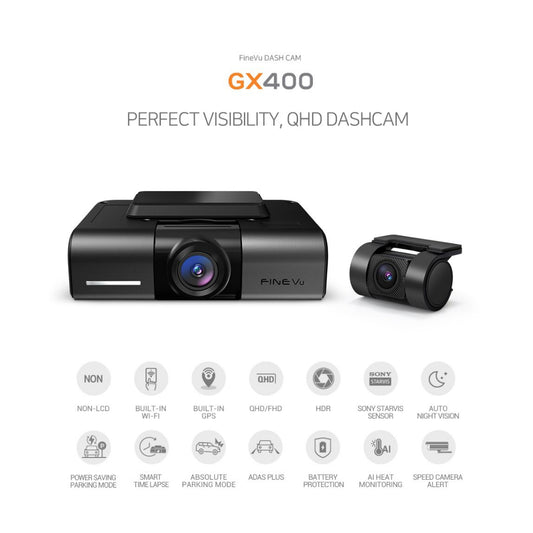 Finevu GX400 dash cam with additional camera on a white background and features